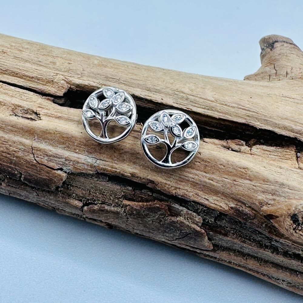 Tree Of Life Sterling Silver CZ Stud Earrings